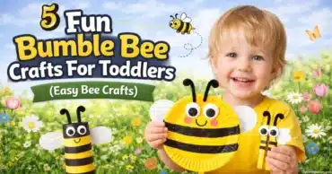 Toddler holding paper plate bee craft with clothespin bee and toilet paper roll bee easy bumble bee crafts for toddlers spring kids activity.