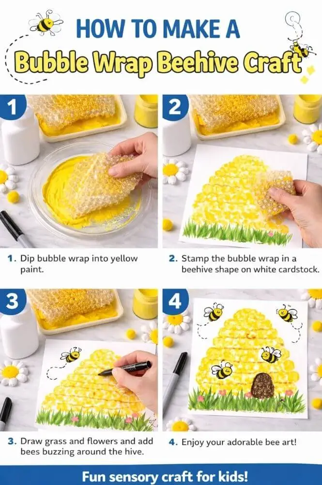 Bubble wrap beehive craft for kids with yellow paint stamped hive, cute bees and flowers, easy spring preschool art activity.