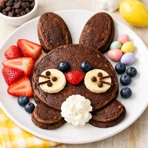 Chocolate bunny pancakes decorated with banana slices, blueberries, strawberries, chocolate chips, and whipped cream for a fun Easter breakfast kids and families will love.