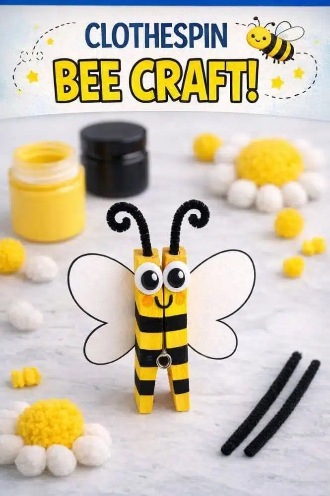 Clothespin bee craft for kids with googly eyes, paper wings, and pipe cleaner antennae.