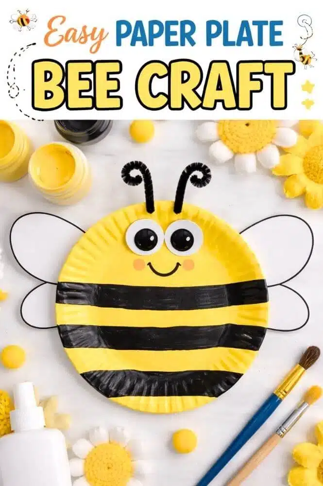 Easy paper plate bee craft for kids with yellow painted plate black stripes googly eyes wings and antenna simple bumble bee craft for toddlers.