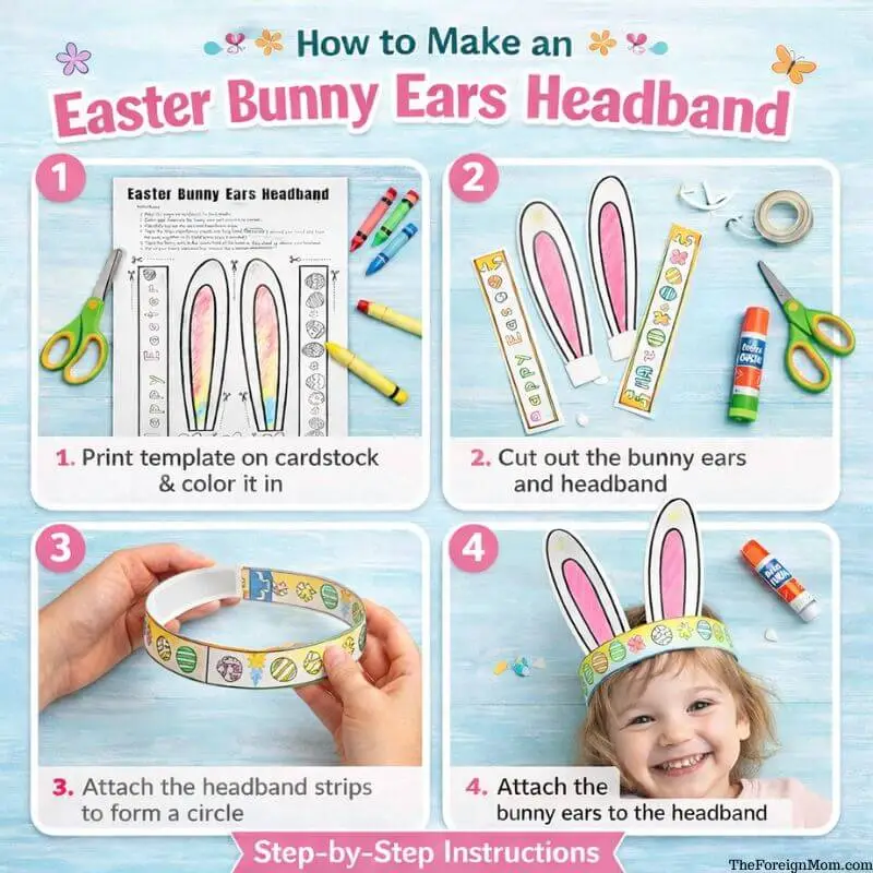 Step-by-step instructions for making an Easter bunny ears headband printable craft: print and color, cut out pieces, tape strips into a circle, and attach bunny ears.