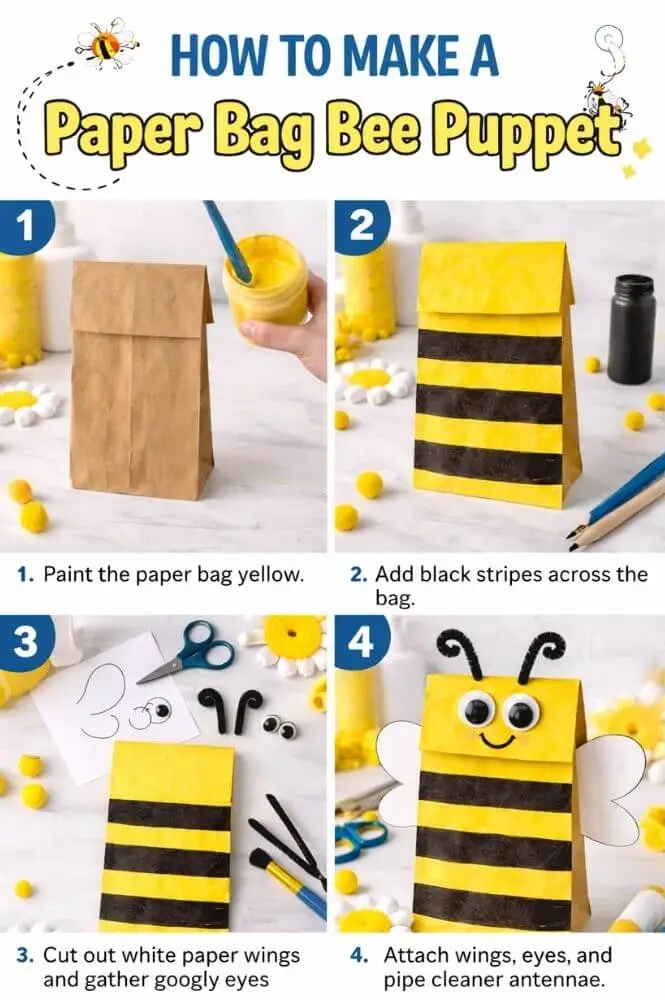 Step by step paper bag bee puppet craft for kids showing painting yellow bag, adding black stripes, cutting wings and assembling the bee.