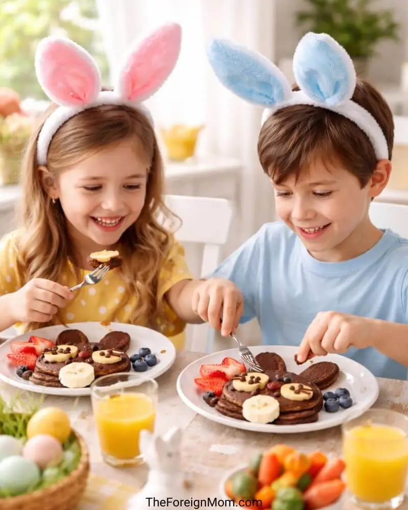 Two kids wearing bunny ears enjoying chocolate bunny pancakes with fruit during a fun Easter breakfast.