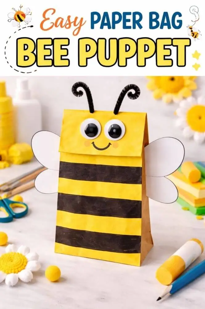 Paper bag bee puppet craft for kids with yellow and black stripes, googly eyes and wings, easy spring preschool activity.