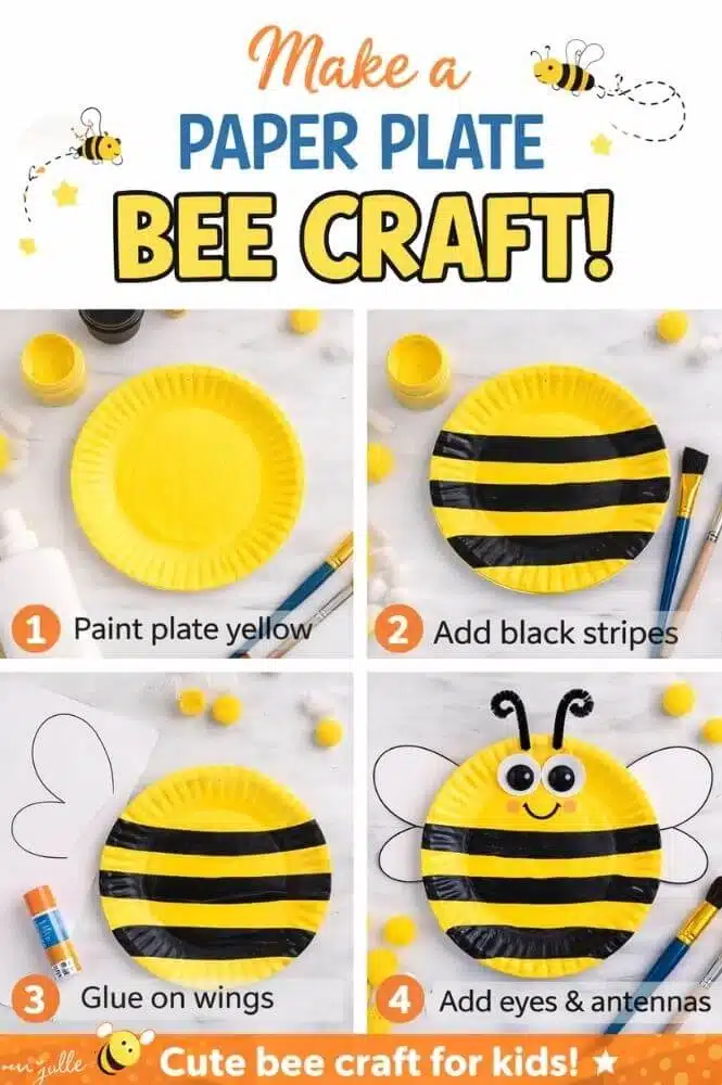Step by step paper plate bee craft for kids painting yellow plate adding black stripes gluing wings and attaching eyes and antennas easy toddler craft.