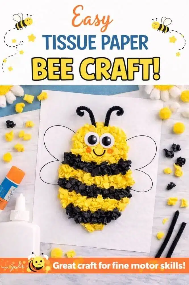 Tissue paper bee craft for kids with yellow and black crumpled paper stripes googly eyes wings and antenna fine motor activity for toddlers.