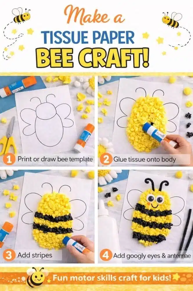 Step by step tissue paper bee craft for kids using template gluing yellow tissue paper adding black stripes and googly eyes easy fine motor activity.