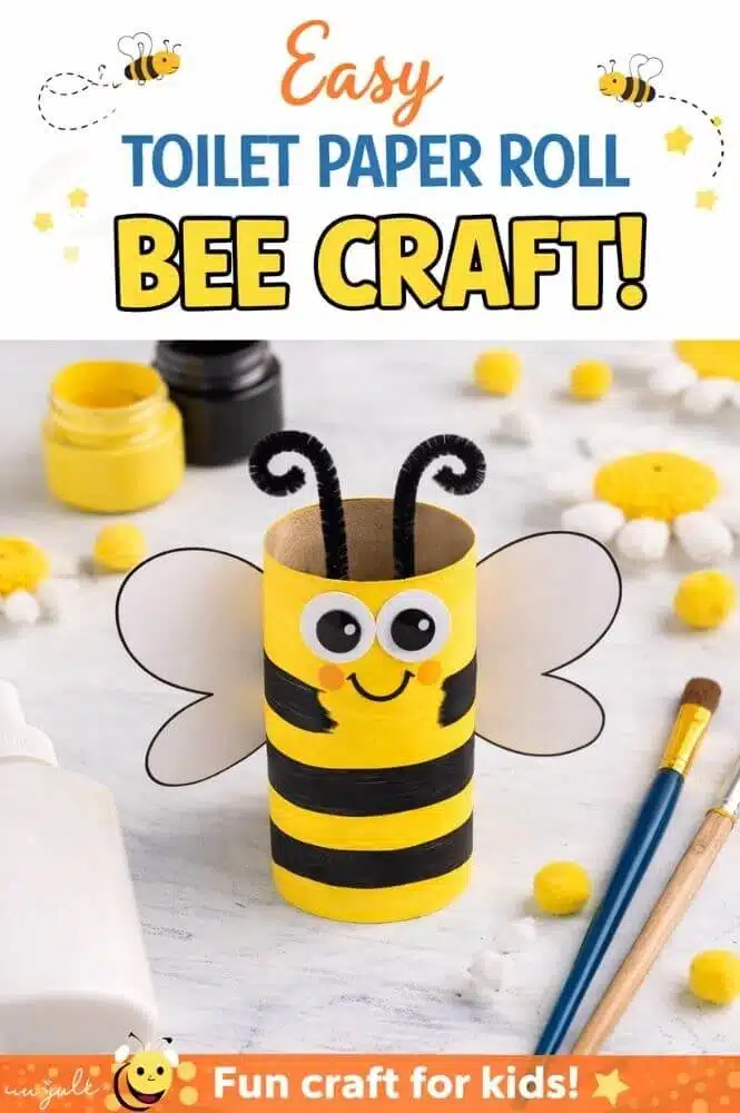 Toilet paper roll bee craft for kids with yellow and black stripes wings googly eyes and pipe cleaner antenna easy bumble bee craft.