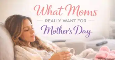 Relaxed mom on couch drinking coffee and enjoying quiet morning for Mother’s Day