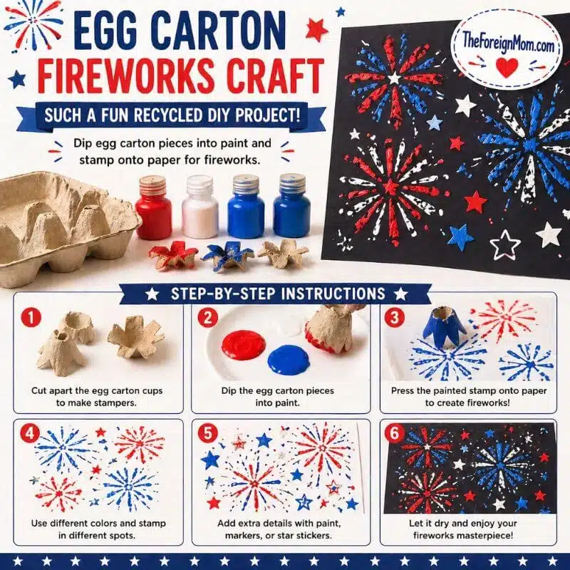 Egg carton fireworks craft for kids using paint stamping technique. A fun recycled Memorial Day or 4th of July art project.