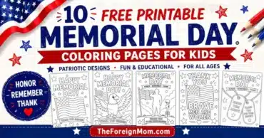Featured image for free printable Memorial Day coloring pages for kids with patriotic designs, flags, stars, and coloring page previews.