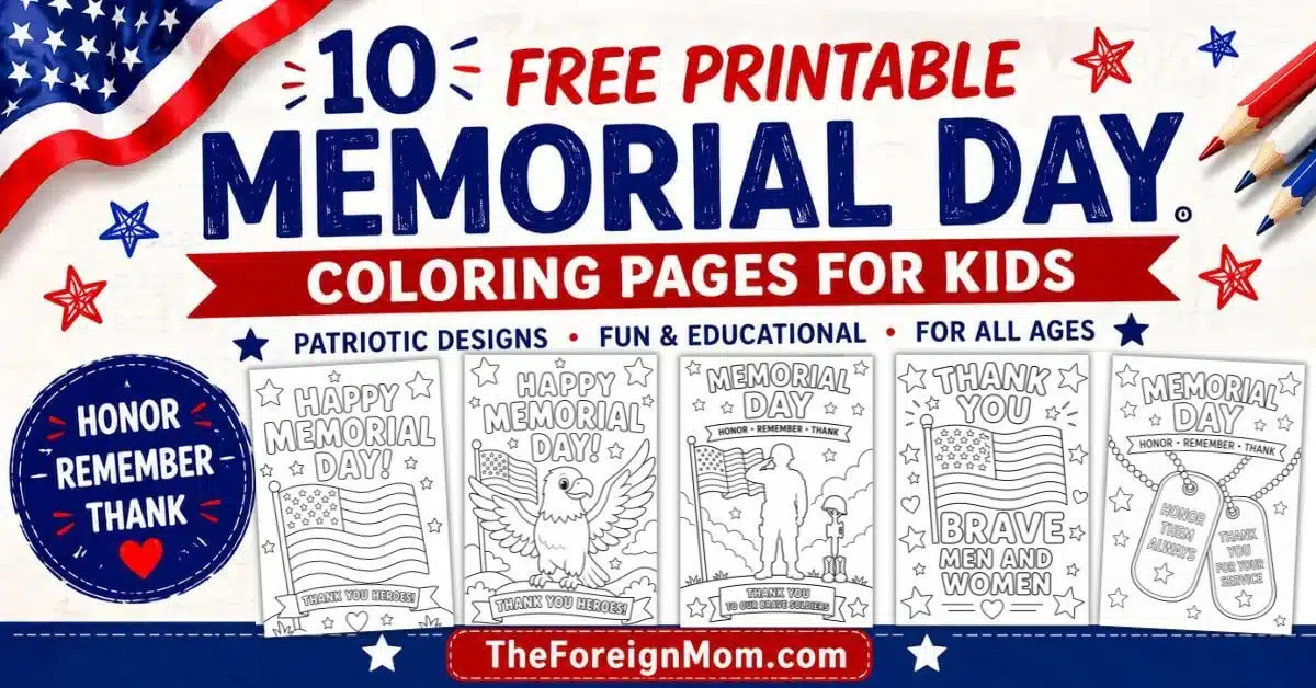 Featured image for free printable Memorial Day coloring pages for kids with patriotic designs, flags, stars, and coloring page previews.