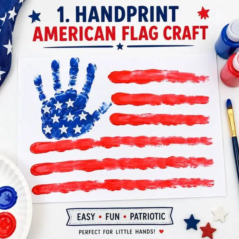 Kids handprint American flag craft using red and blue paint with stars – easy and fun patriotic Memorial Day craft for little hands.