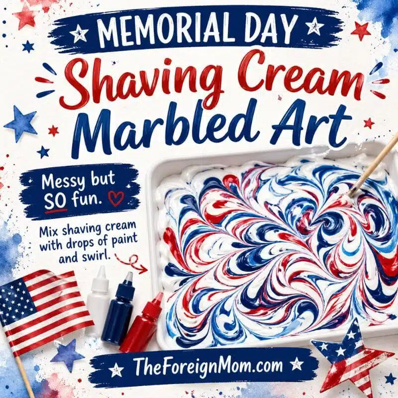 Memorial Day shaving cream marbled art with red white and blue paint swirled for a fun patriotic kids craft activity.