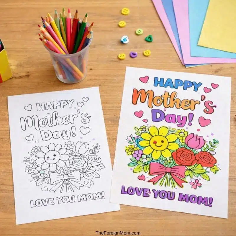 Kids coloring table setup with Mother’s Day printable card, crayons and colored pencils ready for an easy print and color activity.
