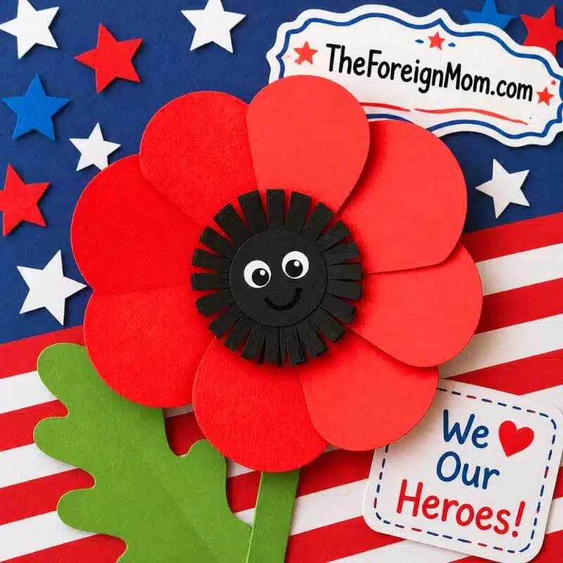 Red poppy flower craft for kids with paper petals and black center – simple Memorial Day remembrance craft for kids.