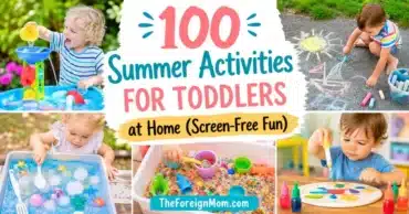 Toddler summer activities collage with water play, sidewalk chalk, sensory bins, and crafts for screen-free fun at home.