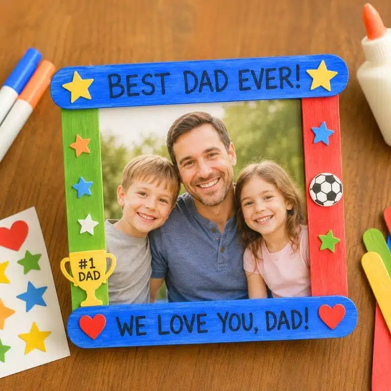 Colorful popsicle stick Father’s Day picture frame craft with Best Dad Ever message and family photo.