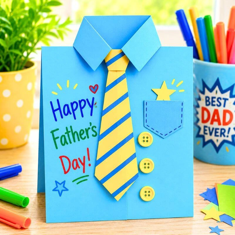 Bright handmade Father’s Day shirt card with yellow tie, paper collar, buttons, and colorful decorations on a craft table.