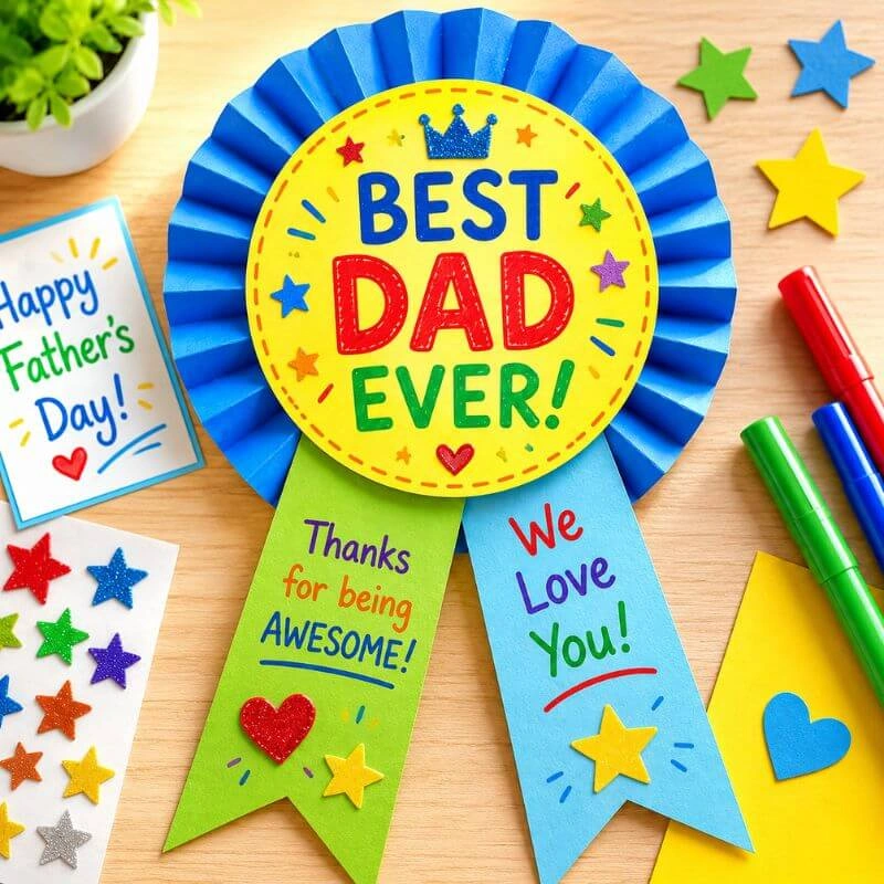 Handmade Best Dad Ever award ribbon craft with colorful paper tails, star stickers, and Father’s Day messages.