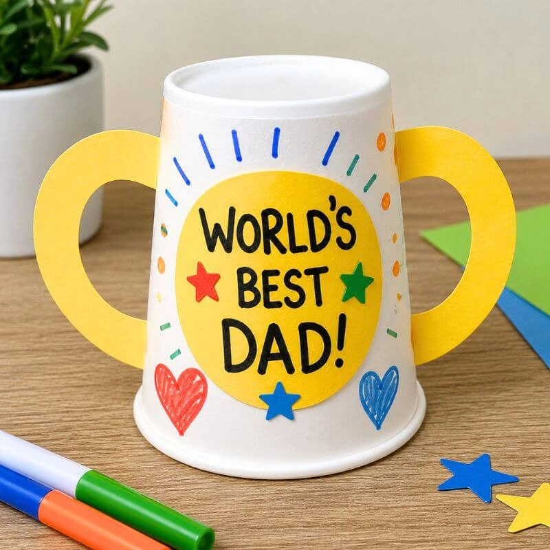 Handmade Father’s Day trophy craft made from a paper cup with yellow handles, colorful stars, and a World’s Best Dad label.