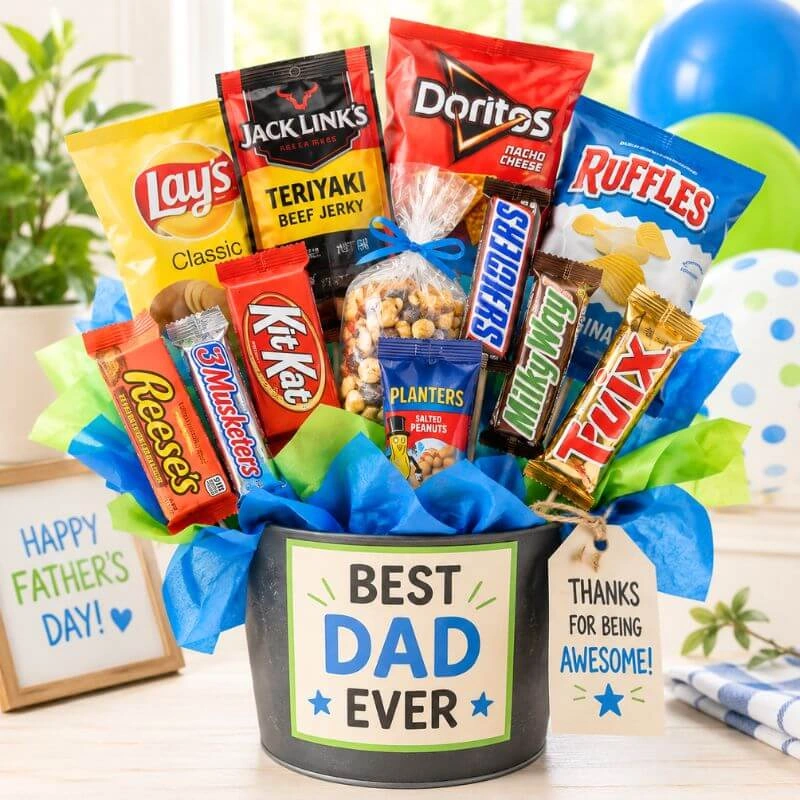 Bright Father’s Day snack bouquet with chips, candy, jerky, tissue paper, and a Best Dad Ever label.