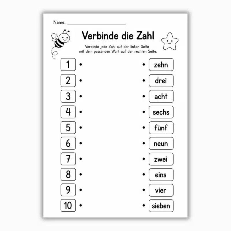 Printable German number matching worksheet for beginners featuring numbers 1–10 and matching German number words activity.