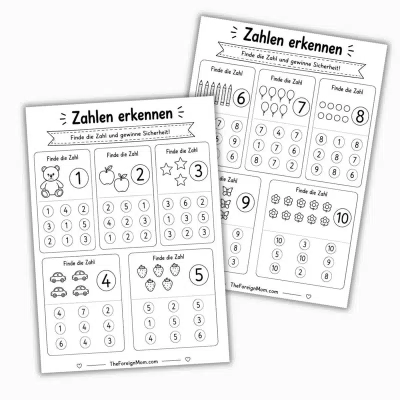 Printable German number recognition worksheets for beginners featuring numbers 1–10 with counting and find-the-number activities.
