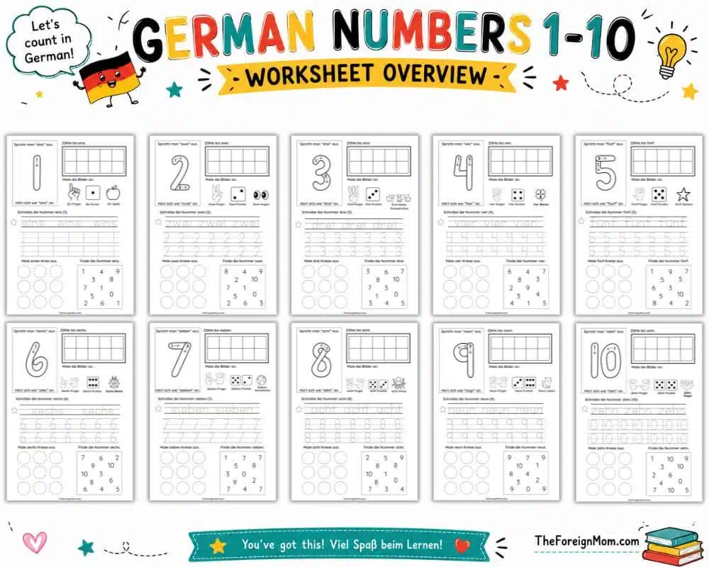 Colorful German numbers 1-10 worksheet overview with spaces to add ten kids’ worksheets.