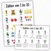 Printable German numbers posters and reference charts featuring numbers 1–10 with colorful visuals and beginner-friendly German vocabulary.