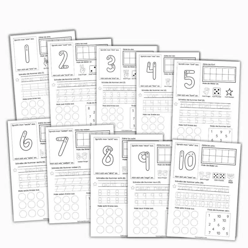 Printable German numbers worksheets for beginners featuring numbers 1–10 with tracing, counting, handwriting, and simple practice activities.