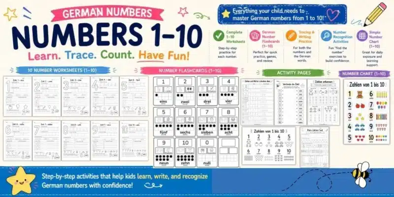 Preview banner of a German numbers worksheets bundle for kids featuring worksheets, flashcards, tracing pages, number recognition activities, and German numbers 1–10 learning printables.