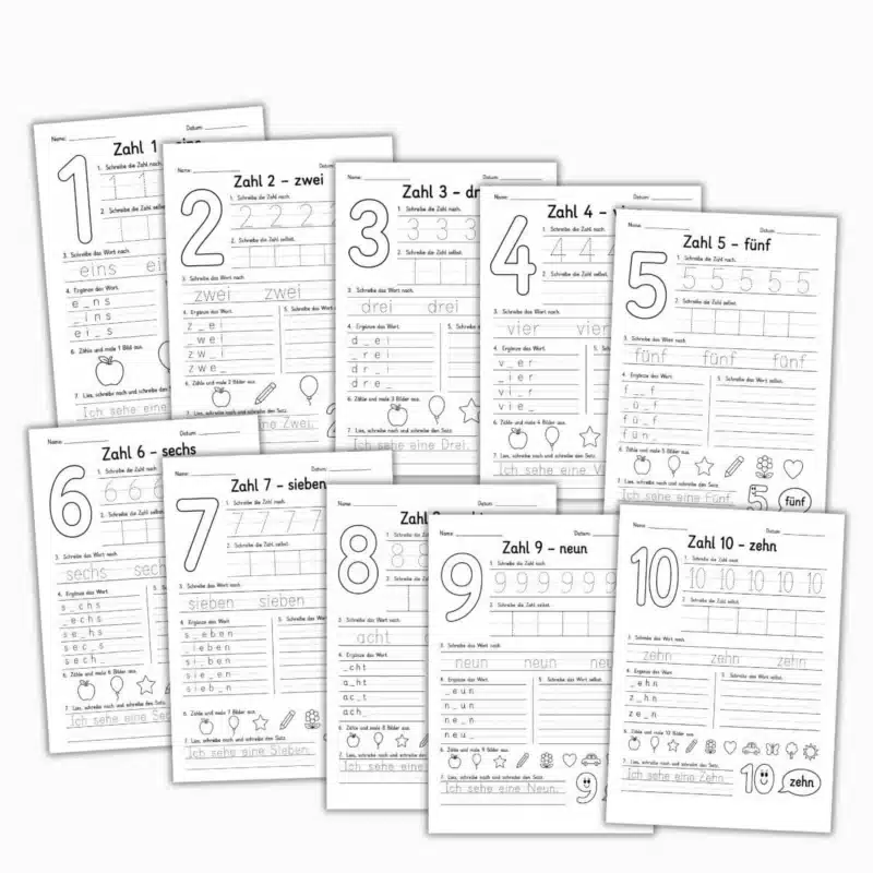 Preview image of printable German numbers worksheets for kids featuring numbers 1–10 with tracing, handwriting, and counting activities.