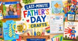 Last-minute Father’s Day crafts for kids including handmade cards, paper trophy, photo frame, snack bouquet, and DIY dad gifts.