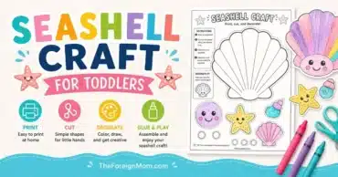 Featured image for a seashell craft for toddlers with a printable worksheet, colorful crayons, scissors, and easy print cut decorate steps.