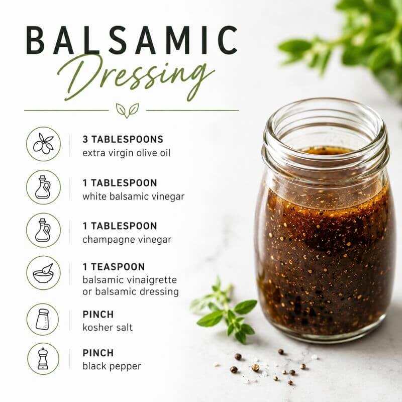 Modern balsamic dressing ingredients graphic with olive oil, white balsamic vinegar, champagne vinegar, balsamic dressing, salt, and pepper.