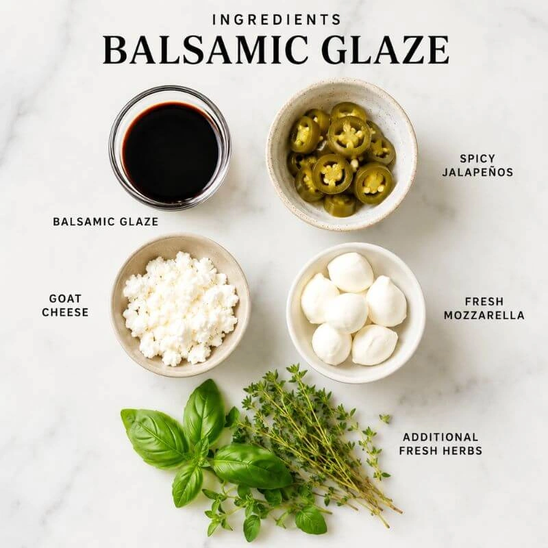 Realistic ingredient flatlay with balsamic glaze, spicy jalapeños, goat cheese, fresh mozzarella, and fresh herbs.