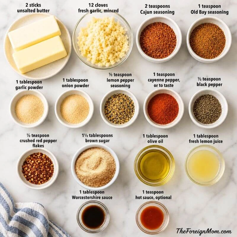 Ingredients for homemade Cajun garlic butter sauce with fresh garlic, butter, Cajun seasoning, Old Bay, spices, lemon juice, and Worcestershire sauce.
