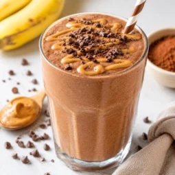 Close-up of a creamy chocolate peanut butter protein smoothie topped with peanut butter drizzle and chocolate pieces.