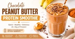 Creamy chocolate peanut butter protein smoothie with banana, cocoa powder, peanut butter, and protein.