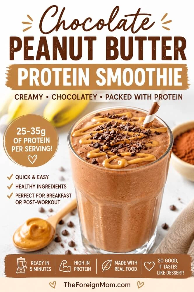 Chocolate peanut butter protein smoothie Pinterest image with creamy smoothie, banana, cocoa, peanut butter.