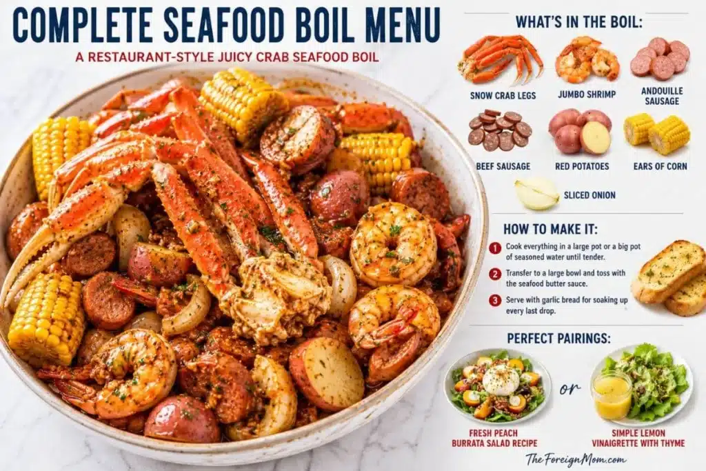 Complete seafood boil menu with snow crab legs, jumbo shrimp, andouille sausage, beef sausage, red potatoes, corn on the cob, sliced onion, and garlic bread.
