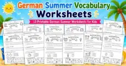 Bright beach-themed featured image for German summer vocabulary worksheets with blank worksheet spaces.
