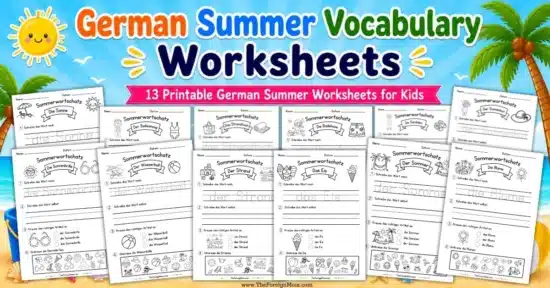 Bright beach-themed featured image for German summer vocabulary worksheets with blank worksheet spaces.