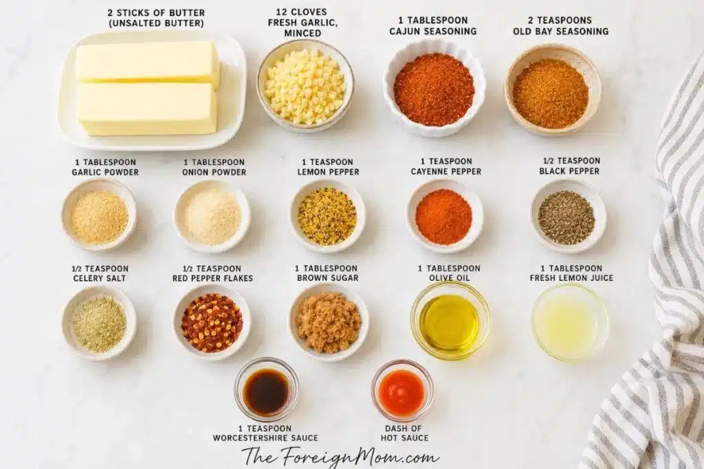 Overhead view of ingredients for homemade Juicy Crab sauce including butter, garlic, Cajun seasoning, Old Bay seasoning, lemon juice, Worcestershire sauce, olive oil, and spices on a marble background.