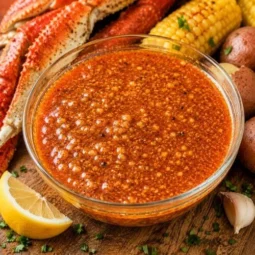 Bowl of spicy garlic butter seafood boil sauce with crab legs, corn, potatoes, lemon, and garlic.
