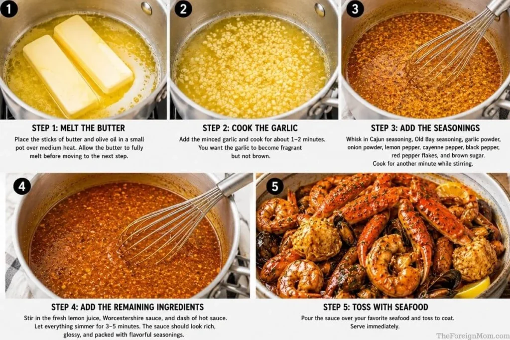 Step-by-step photos showing how to make homemade Juicy Crab sauce with butter, fresh garlic, seasonings, and seafood.