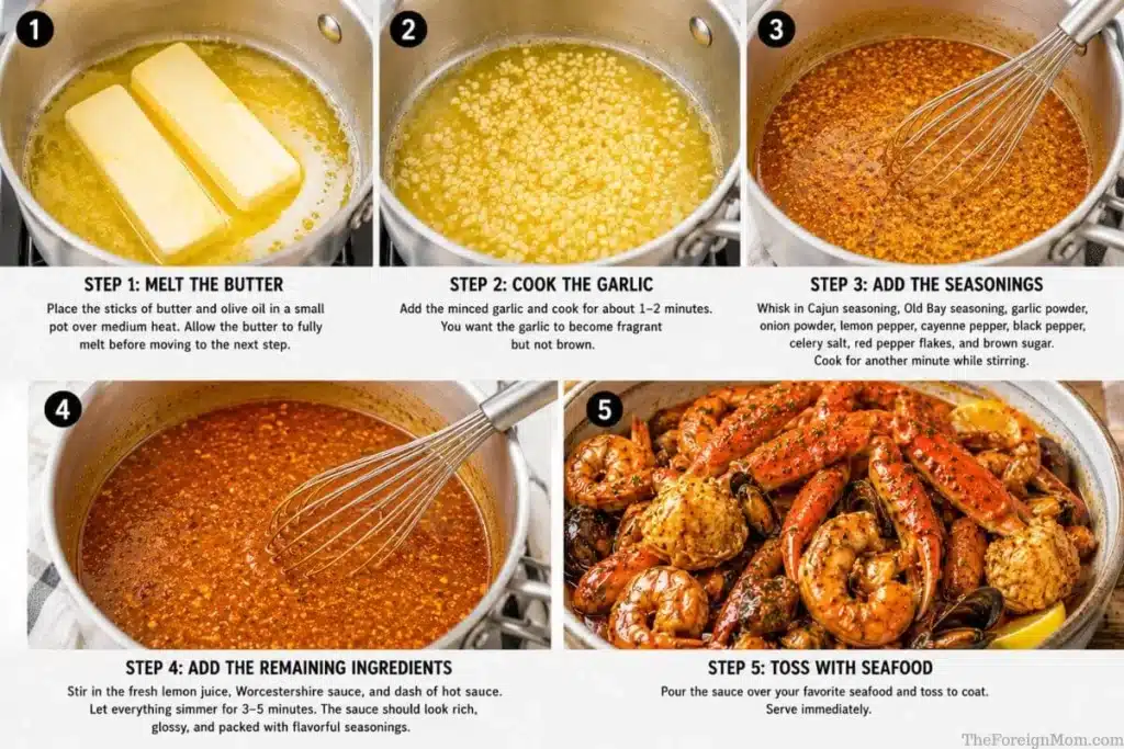 Step-by-step image showing how to make Juicy Crab sauce with melted butter, minced garlic, Cajun seasoning, Old Bay seasoning, lemon juice, Worcestershire sauce, hot sauce, and seafood.
