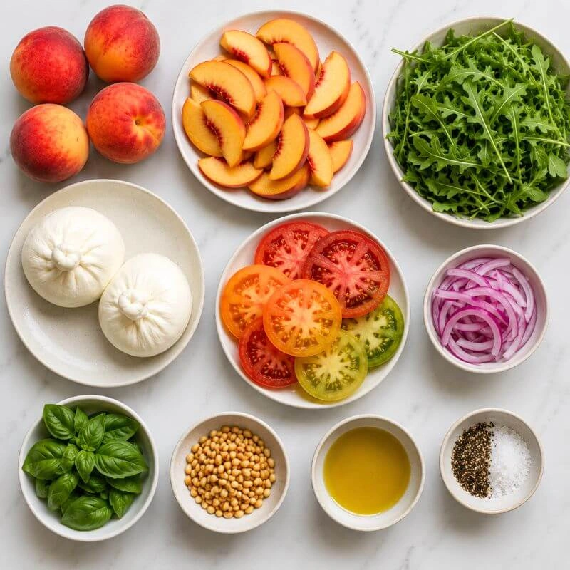 Fresh peach burrata salad ingredients with sliced peaches, burrata, arugula, heirloom tomatoes, red onion, basil, pine nuts, olive oil, salt, and pepper.